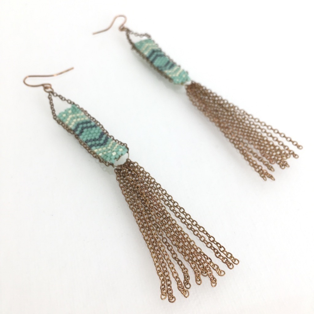 Boho Copper Green White Seed Bead Long Tassel Statement Dangle Earrings Tribal